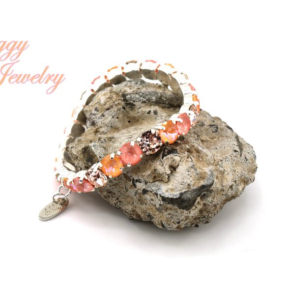 Flamingo Glow Peach and Pink Crystal Stretch Bracelet Made with Austrian Crystal - Picture 8 of 9